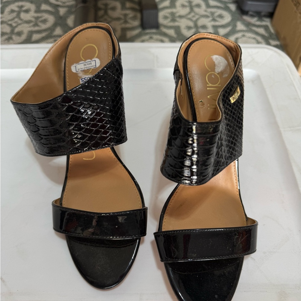 Calvin Klein Black Patent Leather Wide-Strap Heeled Sandals